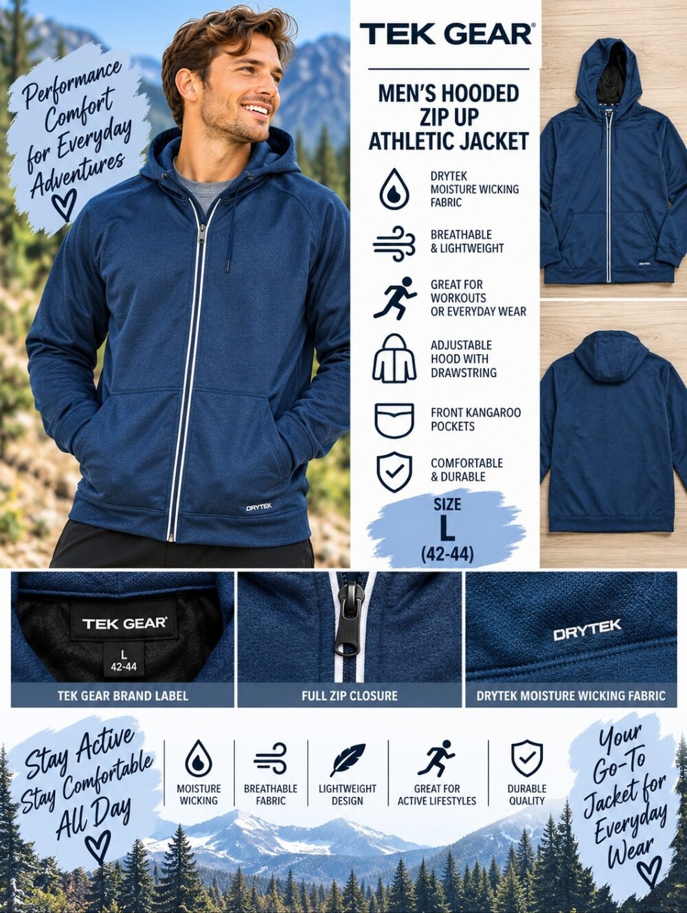 Tek gear mens large blue hooded zip up athletic jacket #35
